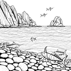 Schnelle Thunfische im glitzernden Wasser Ausmalbild für abenteuerliche Meerforscher