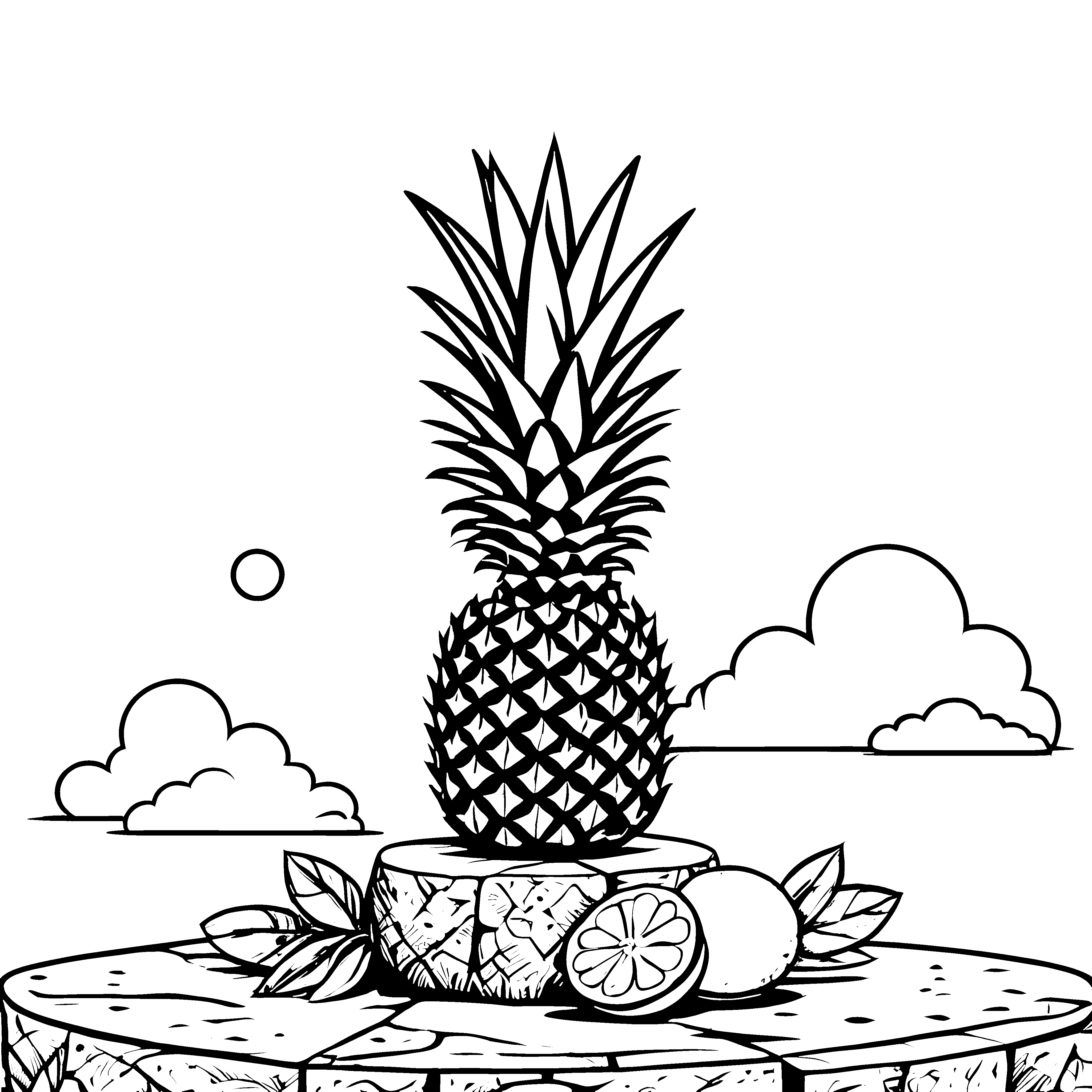 Fröhliche Ananas auf festlichem Holzbrett Ausmalbild für kleine Obstliebhaber