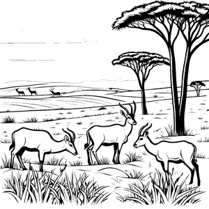 Harmonische Antilopen in traumhafter Savanne Ausmalbild für neugierige Naturfreunde