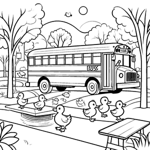 Fröhlicher Bus in malerischer Parklandschaft Ausmalmotiv für neugierige Entdecker
