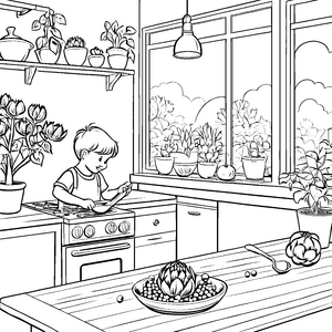 Kochender Junge mit bunten Artischocken Ausmalvorlage für kleine Küchenchefs