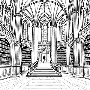 Majestätische Bibliothek mit hohen Säulen Ausmalbild für wissbegierige Leseratten