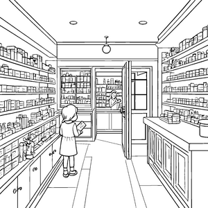 Apotheke mit hilfsbereitem Personal Malvorlage für neugierige Entdecker