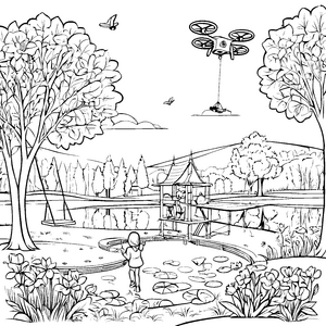 Spannende Drohne mit buntem Spielzeug im Flug Ausmalvorlage für fantasievolle Entdecker