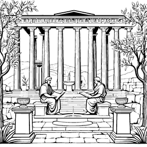 Weise Philosophen im antiken Garten Ausmalvorlage für neugierige Denker