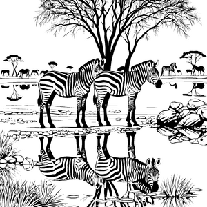 Zwei lebhafte Zebra-Jungtiere am glitzernden Wasser Ausmalmotiv für neugierige Tierfreunde
