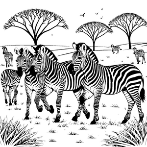 Springende Zebra-Jungtiere in der Savanne Ausmalvorlage für neugierige Tierfreunde