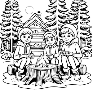 Bezaubernde Kinder am warmen Lagerfeuer Ausmalbild für fröhliche Winterfreunde