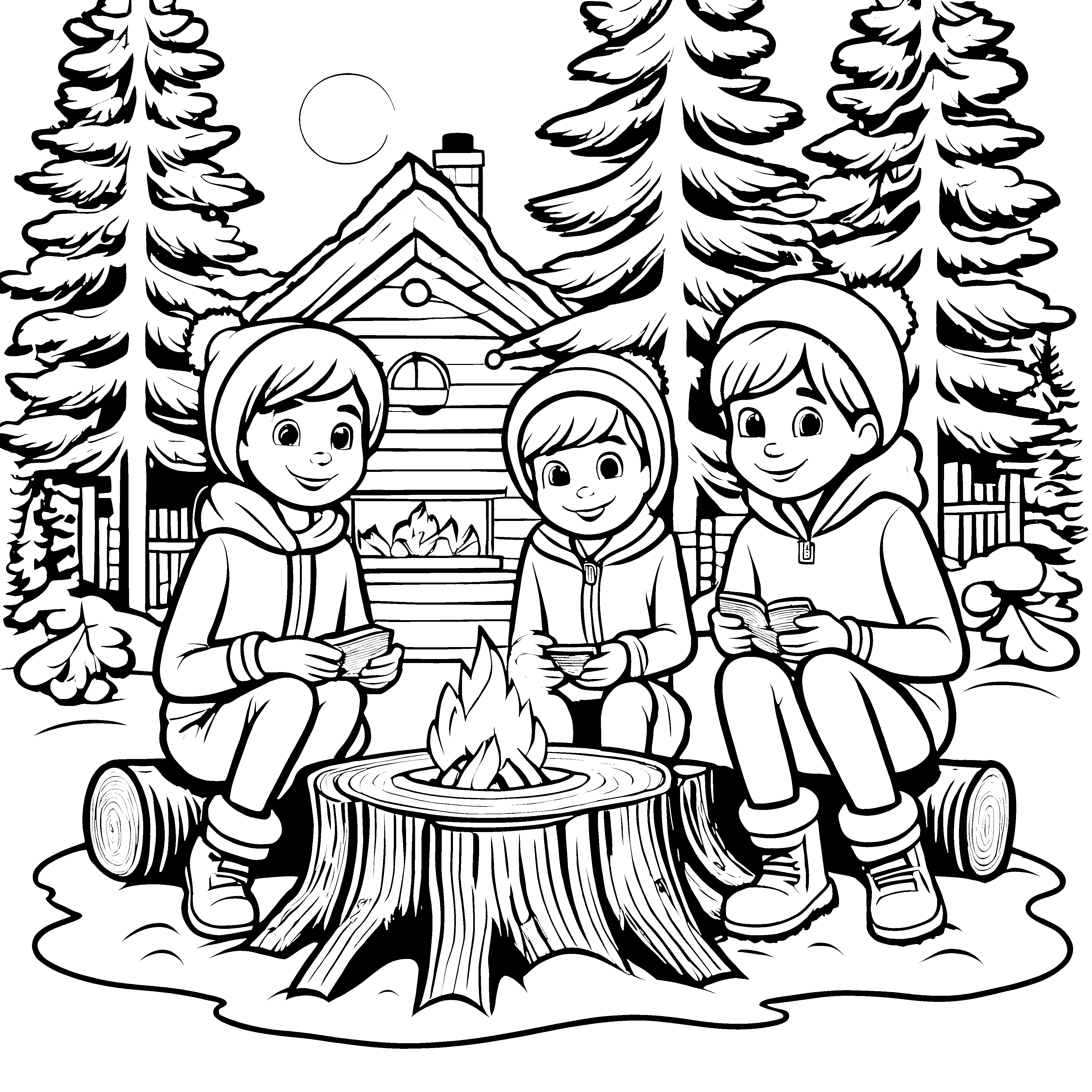 Bezaubernde Kinder am warmen Lagerfeuer Ausmalbild für fröhliche Winterfreunde