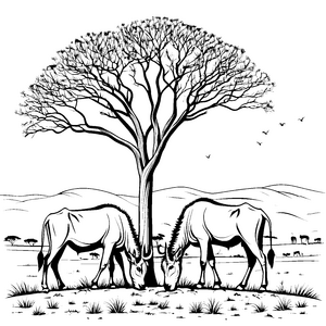 Zwei neugierige Gnus unter einem schattigen Baum Ausmalvorlage für abenteuerlustige Tierfreunde