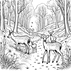 Rehe im malerischen Waldspaziergang Ausmalbild für abenteuerliche Naturfreunde