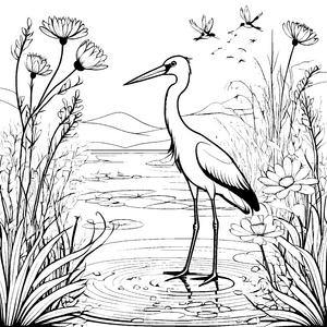 Majestätischer Storch im Wasser Malvorlage für kleine Naturentdecker
