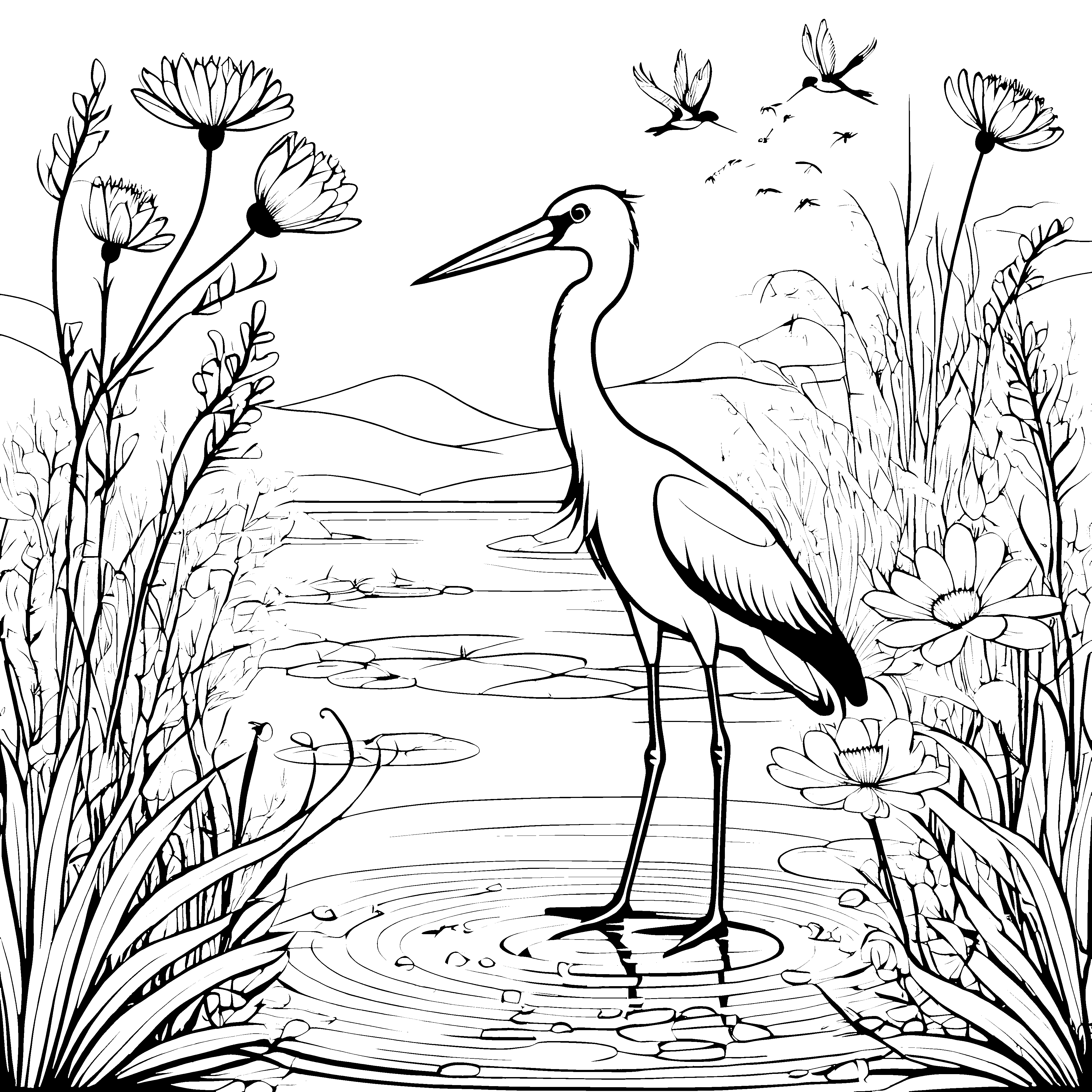 Majestätischer Storch im Wasser Malvorlage für kleine Naturentdecker