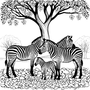 Zebra-Familie spielt unter dem schattenspendenden Baum Ausmalbild für wilde Entdecker