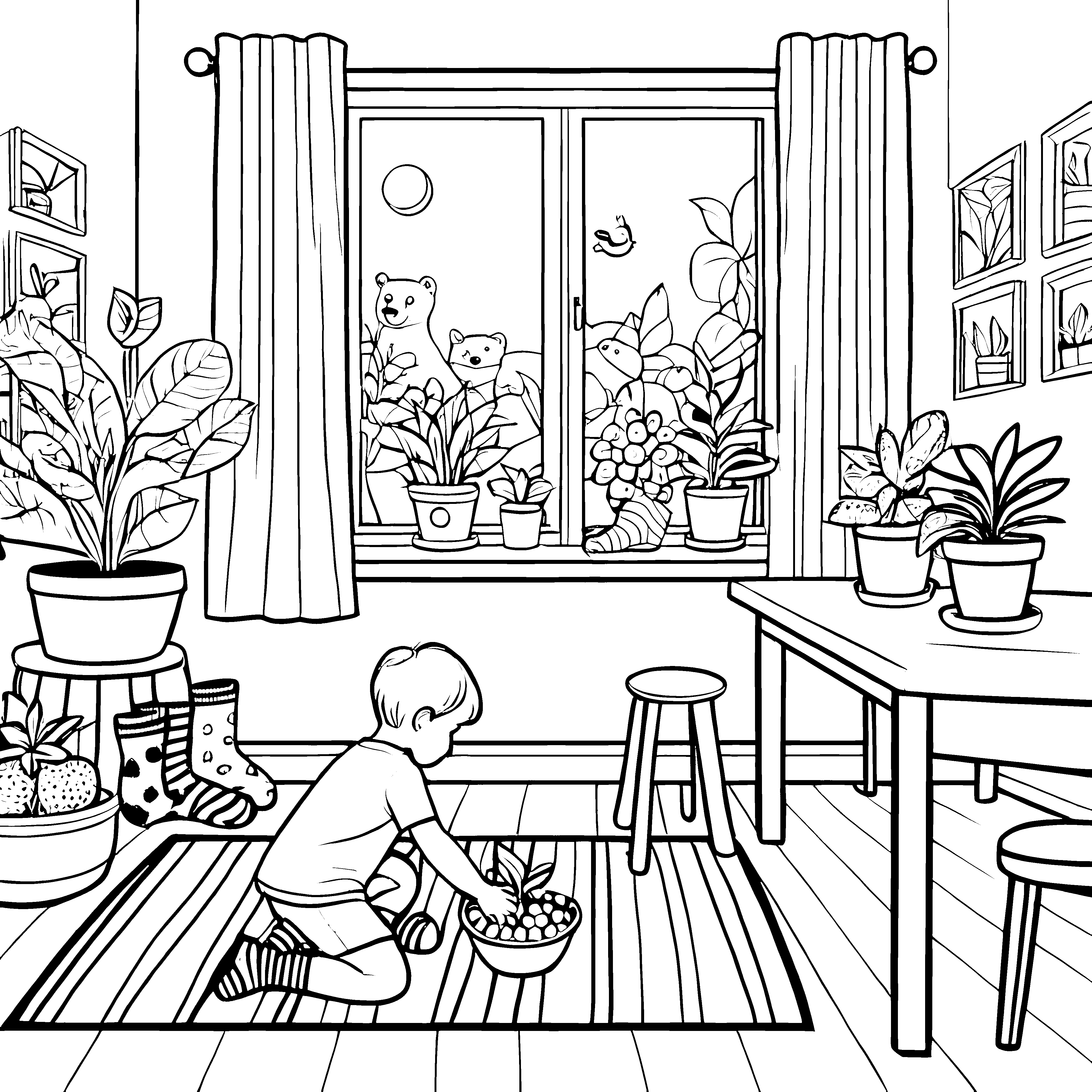 Bunte Socken im fröhlichen Kinderzimmer Ausmalvorlage für kreative Entdecker