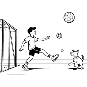 Dynamischer Junge schießt Fußball mit fröhlichem Hund Ausmalbild für sportliche Entdecker