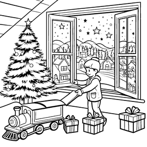Fröhlicher Junge mit Weihnachtsgeschenke und Zug Ausmalbild für kleine Weihnachtsfreunde