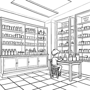 Kreativer Apotheker mit bunten Arzneimitteln Ausmalvorlage für neugierige Entdecker