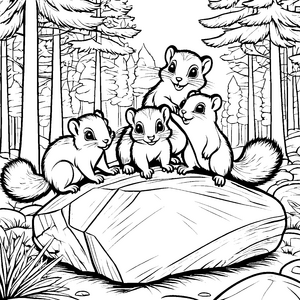 Vier zauberhafte Flughörnchen-Babys auf einem Stein Ausmalbild für neugierige Tierfreunde
