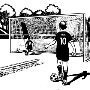 Spannendes Fußballspiel mit kühnen Schüssen Malvorlage für junge Sportenthusiasten