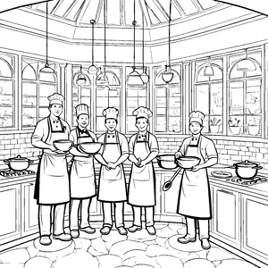 Küchenchefs beim harmonischen Rezeptzauber Ausmalbild für junge Meisterköche