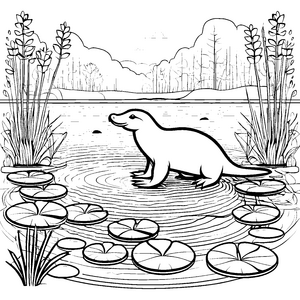 Schnabeltier auf Seerosen im ruhigen Teich Ausmalmotiv für kleine Naturforscher