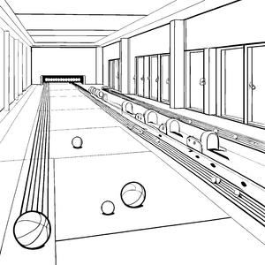 Spaßige Bowlingkugeln auf der Bahn Ausmalvorlage für energiegeladene Kinder
