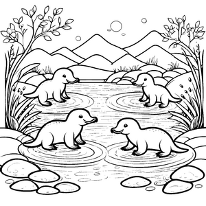 Süße Schnabeltier-Babys im plätschernden Wasser Ausmalvorlage für neugierige Tierforscher