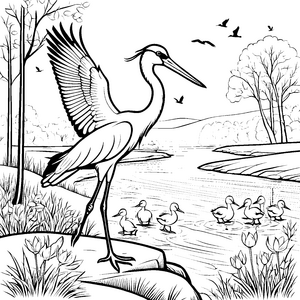 Eleganter Storch am glitzernden Wasser Ausmalmotiv für kleine Naturliebhaber