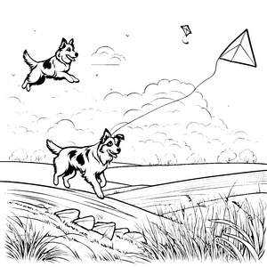Lebhafte Australian Shepherds beim Spielen im Freien Ausmalbild für abenteuerlustige Tierfreunde