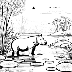 Charmantes Nilpferd am schimmernden Wasser Ausmalbild für neugierige Naturfreunde
