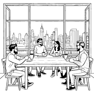 Hipster-Gemeinschaft beim kreativen Kaffeeklatsch Malvorlage für stilbewusste Entdecker