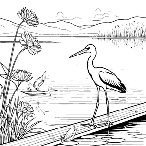 Eleganter Storch am ruhigen Wasser Ausmalmotiv für neugierige Naturfreunde