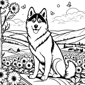 Husky im sonnigen Sonnenblumenfeld Malvorlage für kreative Naturfreunde