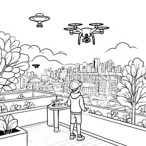 Spannende Drohnenüberflüge über die Stadt Ausmalbild für neugierige Technikfans
