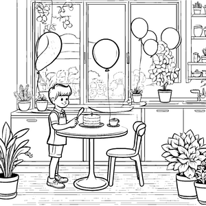 Bunte Luftballons schwebend über dem Kuchen Ausmalvorlage für feierliche Künstler