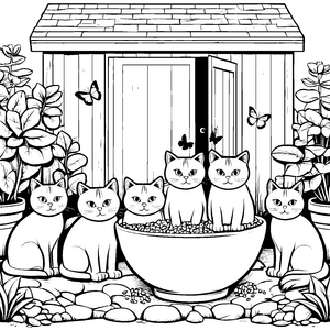 Grummelige Katzen im bunten Blumenbeet Ausmalmotiv für künstlerische Entdecker