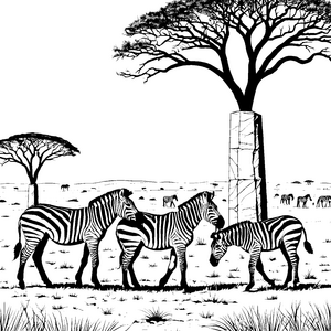 Zwei lebhafte Zebra-Jungtiere unter dem Baum Ausmalbild für neugierige Tierfreunde