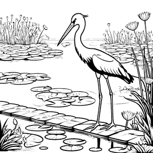 Majestätischer Storch auf blühendem Teich Ausmalbild für neugierige Naturfreunde