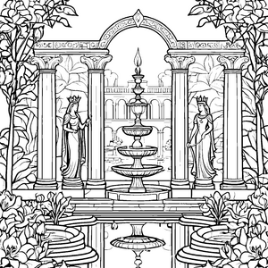 Majestätische Königinnen am zauberhaften Brunnen Malvorlage für phantasievolle Träumer