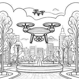 Drohne über wunderschöner Stadtlandschaft Ausmalbild für abenteuerliche Technikfans