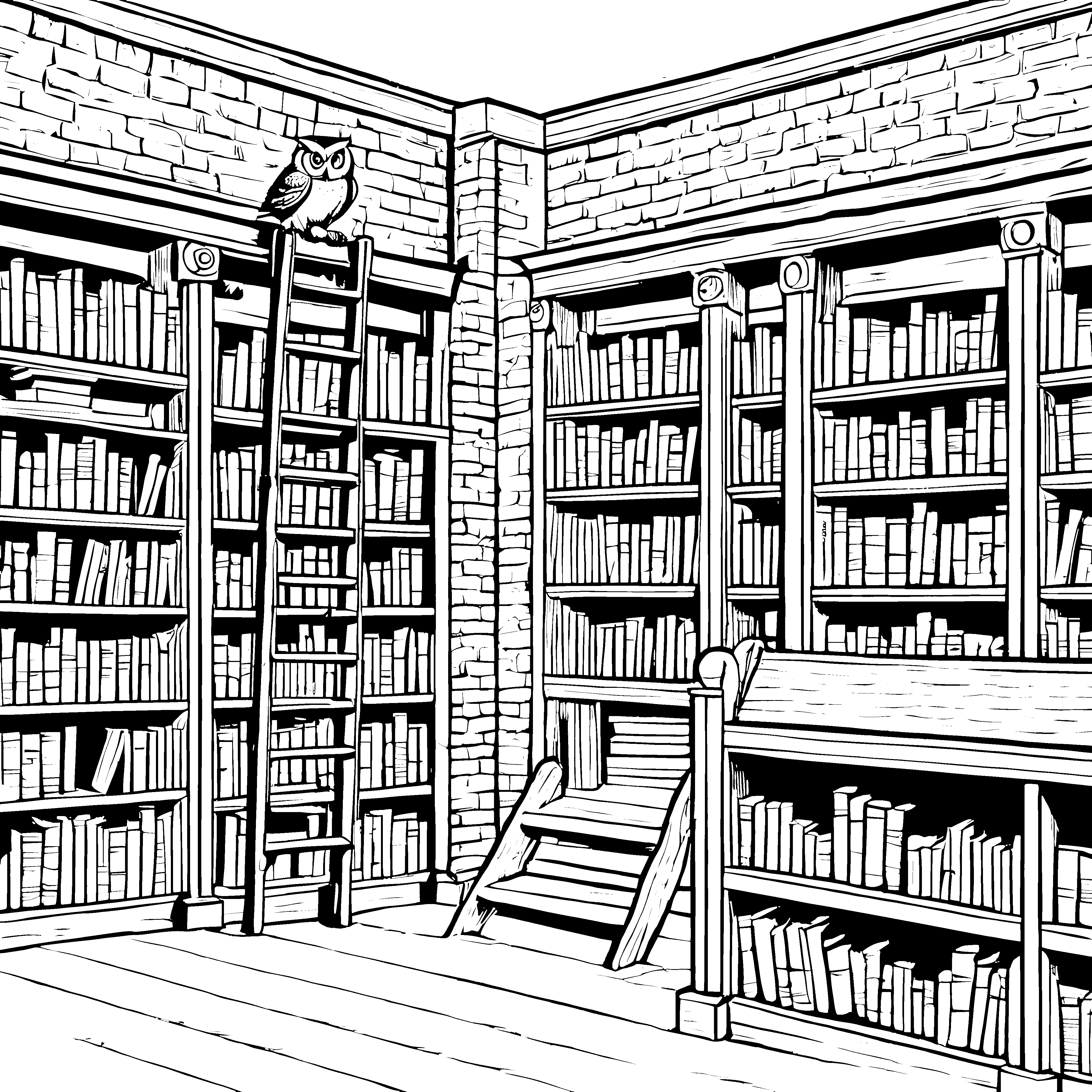 Weise Eule in der zauberhaften Bibliothek Malvorlage für wissbegierige Leseratten