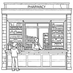 Apotheke mit freundlicher Beratung Malvorlage für junge Gesundheitshelden