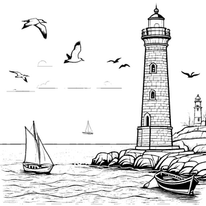 Leuchtender Leuchtturm am geheimnisvollen Meer Ausmalbild für kleine Entdecker