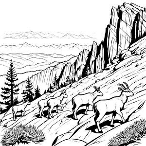 Abenteuerliche Steinbock-Babys auf Gebirgspfad Ausmalvorlage für neugierige Naturfreunde