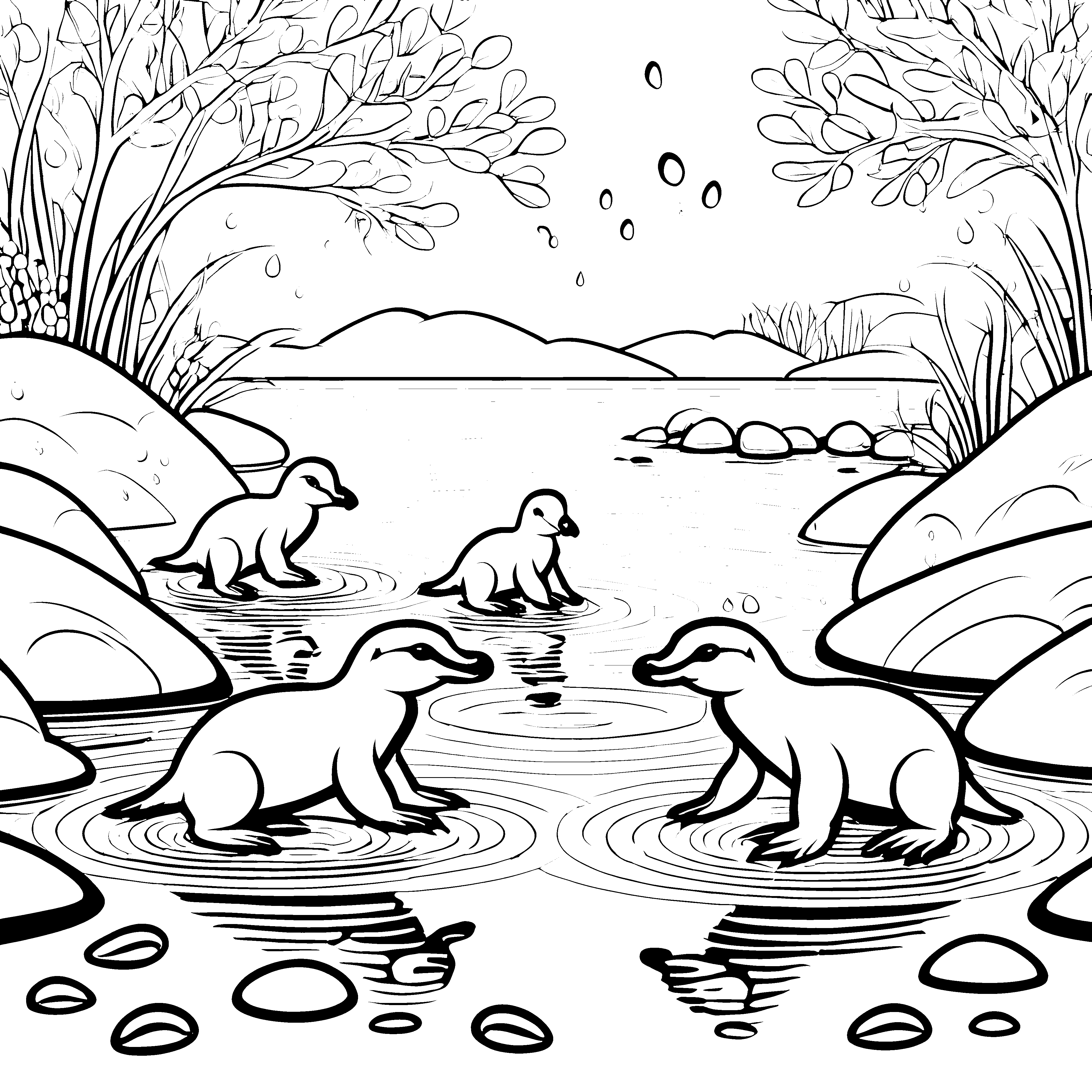Süße Schnabeltier-Babys beim planschen Ausmalbild für kleine Wasserfreunde