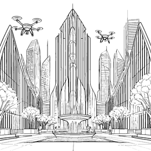 Futuristische Stadtlandschaft mit schwebenden Drohnen Malvorlage für neugierige Stadtentdecker