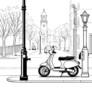 Schnurrendes Moped vor malerischer Stadtlandschaft Ausmalbild für kleine Abenteuerfahrer
