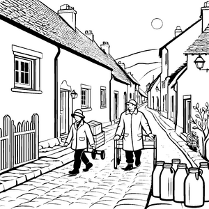 Milchlieferanten bei der Arbeit in der malerischen Gasse Ausmalvorlage für kleine Entdecker