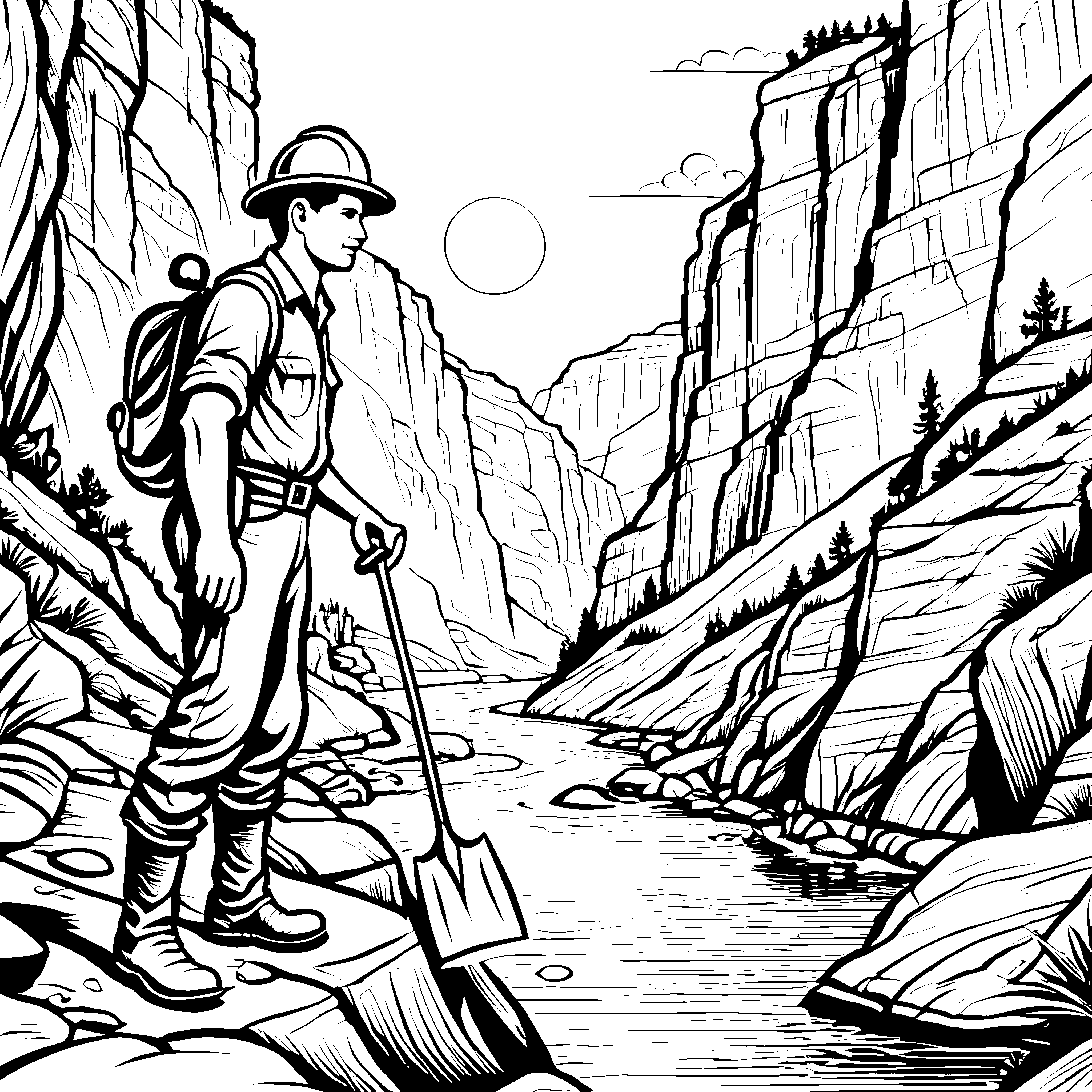 Abenteuerlicher Goldgräber am glitzernden Fluss Ausmalvorlage für neugierige Schatzsucher